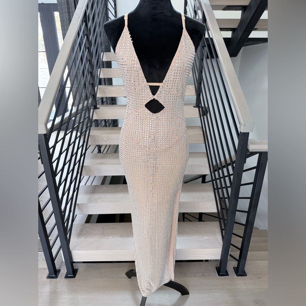 New Hanlterneck Beige Hollow rhinestone Evening Wedding Cocktail Dress size S - Picture 5 of 10
